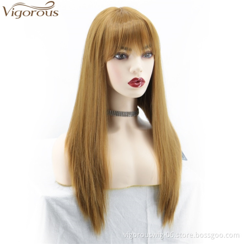 Vigorous Long Straight Brown Synthetic Fiber no lace full Wig black Women cheap fashion extansions Hair Wigs with bangs cosplay